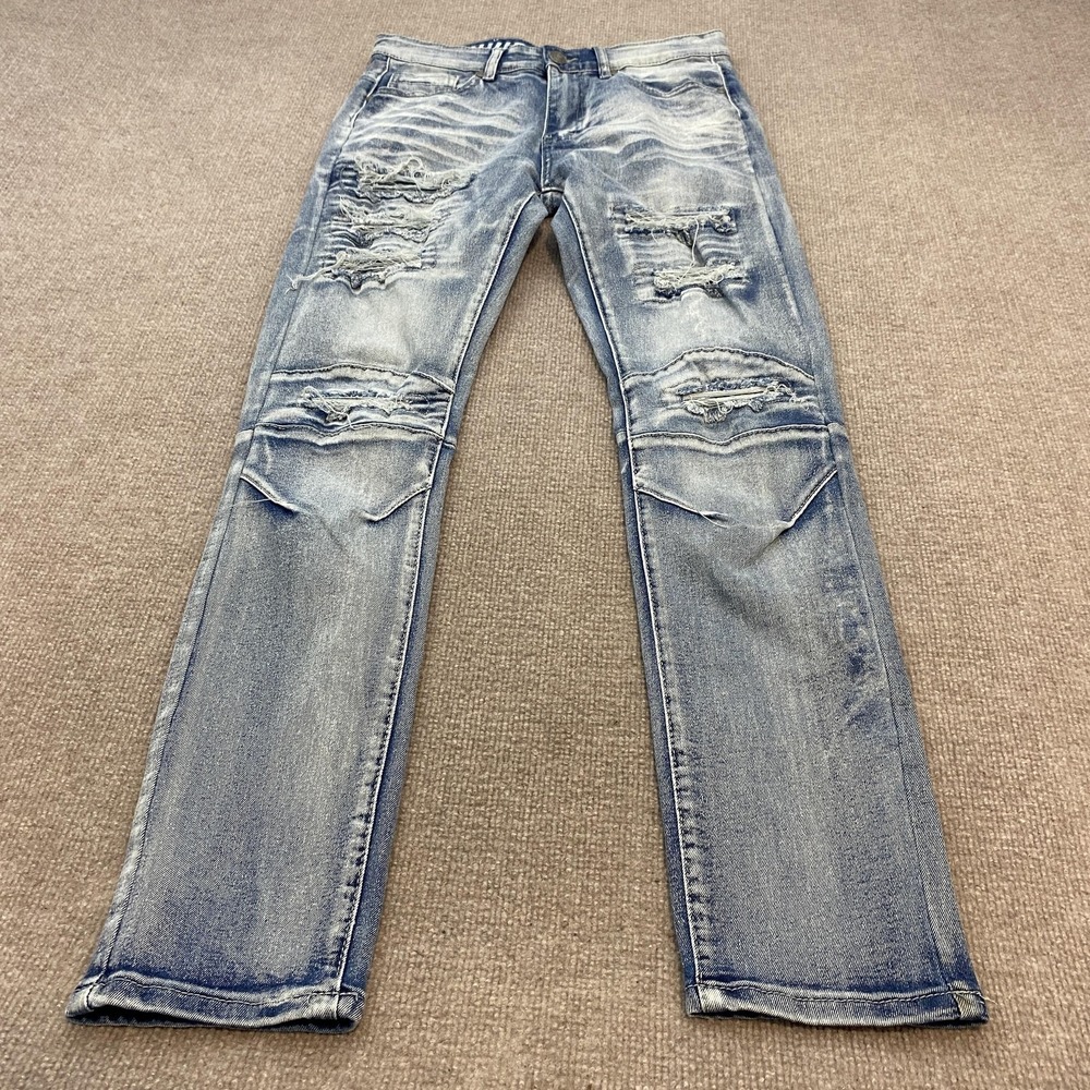 GSTR Jeans Mens 30x30 Blue Med Wash Slim Straight Distressed Stretch Denim Pants